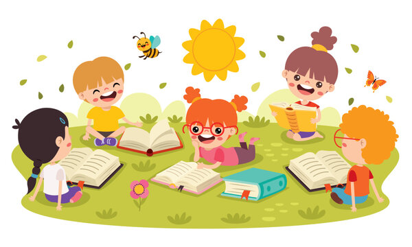 Children Reading Book At Nature