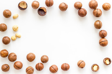 Raw macadamia nuts food. Healthy protein snack background