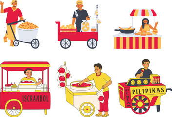 Street food cart and people vector illustration set. Street food stall and kiosk.