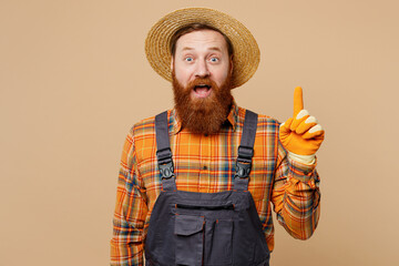 Happy young bearded man wear straw hat overalls work in garden holding index finger up with great...