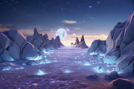 Fantasy landscape with sandy glaciers and purple crystal. Concept art. fantasy. Generative AI
