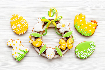 Easter gingerbread cookies wreath with bunny and eggs