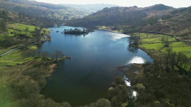 Flying up the River Rothay towards Rydal Water in the English Lake District Cumbria