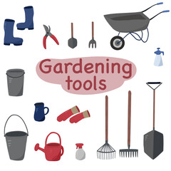 Gardening tools and wear blue and red colours hand drawn vector