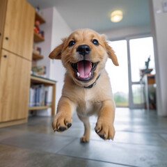 Happy cute puppy running towards camera. Low angle view. Cozy indoor background. Generated with AI.