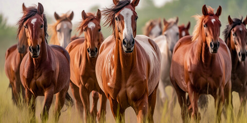 Wide web banner with herd of wild running horses in the fields. Panoramic view of beautiful galloping mustangs. Equestrian illustration. Generated with AI. - obrazy, fototapety, plakaty