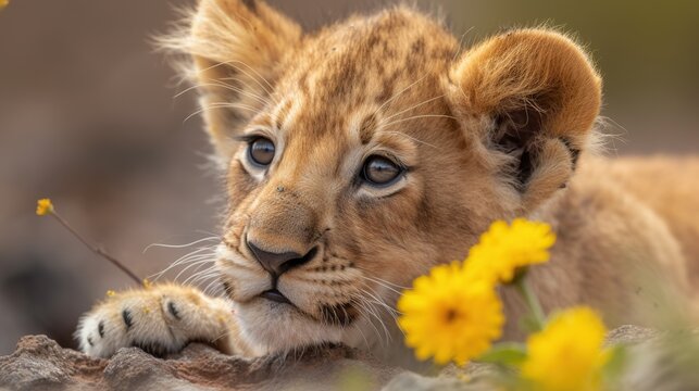 Cute adorable lion cub smelling a beautiful yellow flower. New beginning concept. Close up portrait of baby wild cat. Generated with AI.