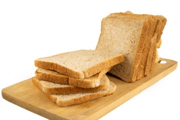 Sliced wheat bread served on a wooden cutting board