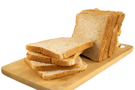 Sliced wheat bread served on a wooden cutting board