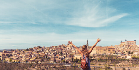 Happy woman tourist in Toledo- Spain - obrazy, fototapety, plakaty