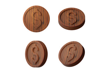 Stylized wood texture dollar coin isolated on light gray background. 3D rendering. Editable elements, for casino banner, cash, jackpot. Coin dropping