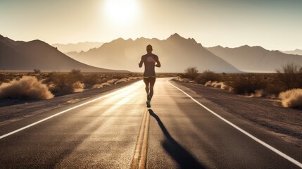 Athlete runner feet running on road towards a morning sunlight. Keep moving towards the goal. Being determined. Work out and wellness. AI generated