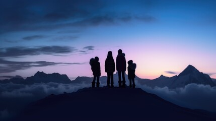 Silhouette of a family standing together on the top of mountain with a dusk sky and enjoys the moment of successful achievement, fulfillment, growth, overcoming, and success.