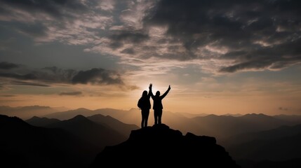 Silhouette of two travelers or hikers standing together on the mountain with a dusk sky and enjoying the moment of success. AI-generated.