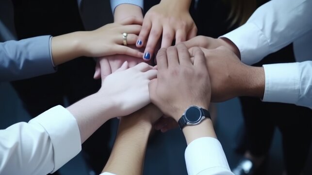 High Angle View Of Multiracial collegues Stacking Hand Together. Unity, teamwork, support, and collaboration.