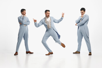 Shot of three man wearing elegant outfit entertaining together over white studio background. Let's...