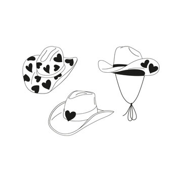 Howdy Valentines Day cowgirl cowboy heart ornament hats vector illustration set isolated on white. Wild west linear colouring page stetson print for 14 February holiday. 