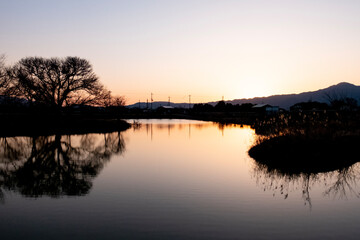 Fototapeta premium 琵琶湖畔にある小さな池の夕暮れ 夕陽に染まる水面