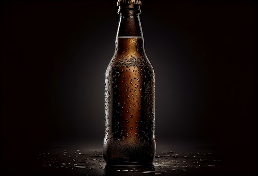 Wet 12 oz brown beer bottle LongNeck. Isolated 3D render on a dark black. Generative AI