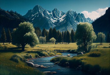 Peaceful heartland meadow of green fields, trees forest, cozy rivers and snow tipped mountains, generative ai - obrazy, fototapety, plakaty
