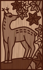 木彫り風シンプル花札　神無月　紅葉　鹿　10月　紅葉に鹿