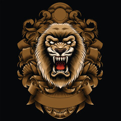 lion head illustration with baroque ornament