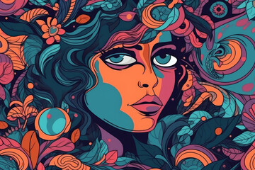 Retro Psychedelic Fashion Pattern with Woman's Face, generated AI