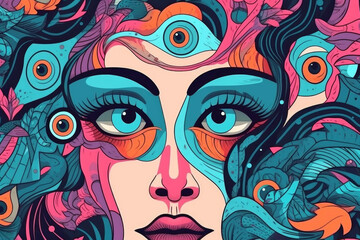 Fototapeta na wymiar Retro Psychedelic Fashion Pattern with Woman's Face, generated AI