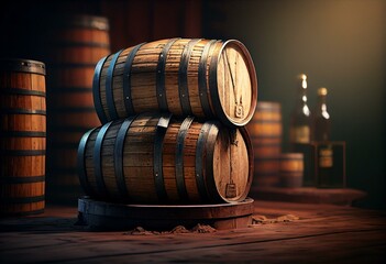 round wooden beer barrel stacked on top of each other in storage. Generative AI