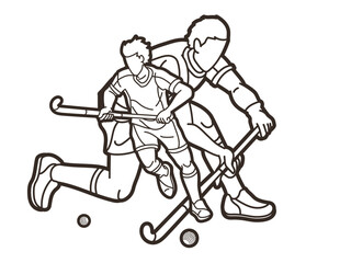 Fototapeta na wymiar Field Hockey Sport Team Male Players Mix Action Cartoon Graphic Vector