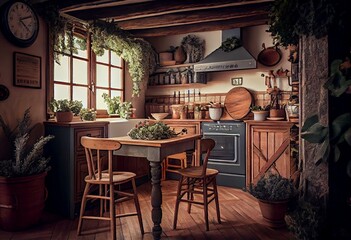 Charming Vintage country kitchen, rustic, boho chic, wood, beam, stone, luxury, rural, home, house, architecture, decor, design, apartment, flat, real-estate, charm, exposed, view,. Generative AI