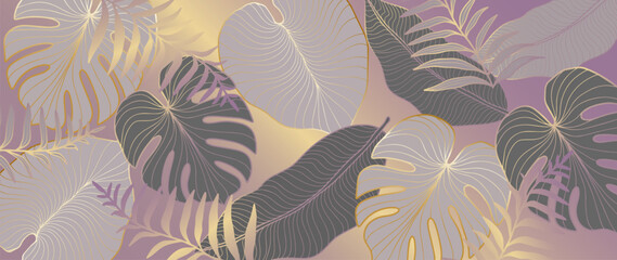 Fototapeta na wymiar Vector luxury tropical illustration with golden palm leaves, banana leaves, monstera and fern for decor, covers, backgrounds, wallpapers