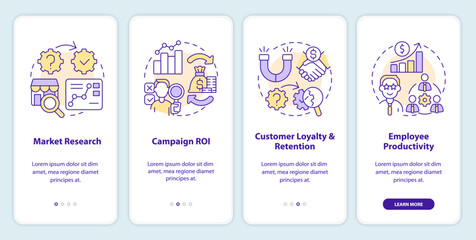 Causal research examples onboarding mobile app screen. Walkthrough 4 steps editable graphic instructions with linear concepts. UI, UX, GUI template. Myriad Pro-Bold, Regular fonts used