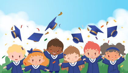 Happy people throwing graduation caps upwards on blue sky, white clouds and green grass