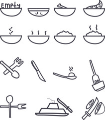 The set is useful for creating food icons. Among the specimens there are plates with portions of food, food sticking out of them. Shown at the bottom are spoons, forks, knives or cutlery for desserts.