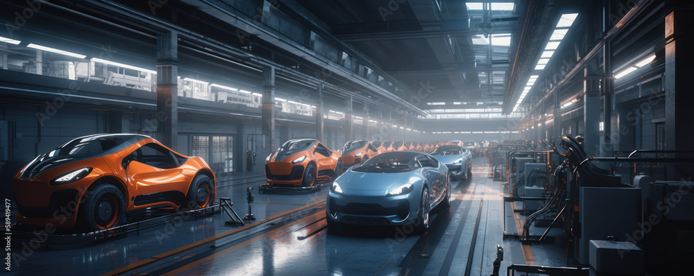 Poster robotic precision: futuristic electric cars produced in automated factory line. generative ai