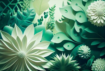 Fototapeta na wymiar Green abstract floral background with white copyspace. Decorative foliage illustration. Created with Generative AI technology