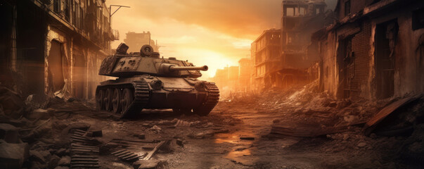 Fototapeta na wymiar Apocalyptic War: Tank Crossing through Rubble and Fire in Ruined City. Copy Space. Generative AI