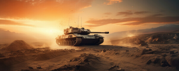 Fototapeta na wymiar The Heat of Battle: Armored Tank Overcomes a Mine Field in the Desert. Generative AI