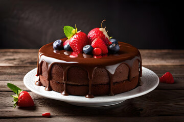 A cake with chocolate icing and berries on top
