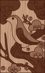 木彫り風花札　鶯　如月　梅　2月　梅に鶯