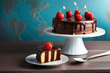 A slice of cake with a strawberry on the top