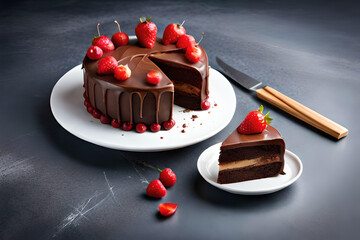 A chocolate cake with a slice of strawberry on the side.