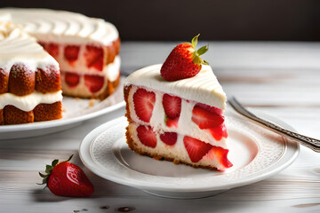 A slice of strawberry cake . A strawberry cake with a white icing and a strawberry on top