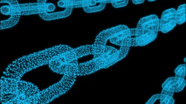 Blockchain Data Transaction Process Animation. Abstract Connected Blue Particle Chain on a Black Background. Network Connection. Cryptocurrency Global Cyber Security Concept. 4K