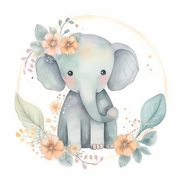 Cute watercolor elephant. Illustration Generative AI.