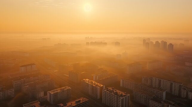  Air Pollution: City Covered in Smog and Fine Dust PM2.5 with Orange Sunrise Sky (AI Generated)