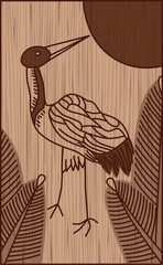 木彫り風花札　睦月　松　鶴　1月　松に鶴