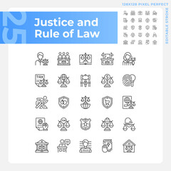 Justice and rule of law pixel perfect linear icons set. Government system of regulation. Legislative norms. Customizable thin line symbols. Isolated vector outline illustrations. Editable stroke