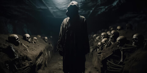 Death cult member wearing a horrific skull mask defiling the dead, rotting skeleton corpses deep underground in wet and muddy dark catacomb tomb corridors, dimly candle lit and scary - generative AI